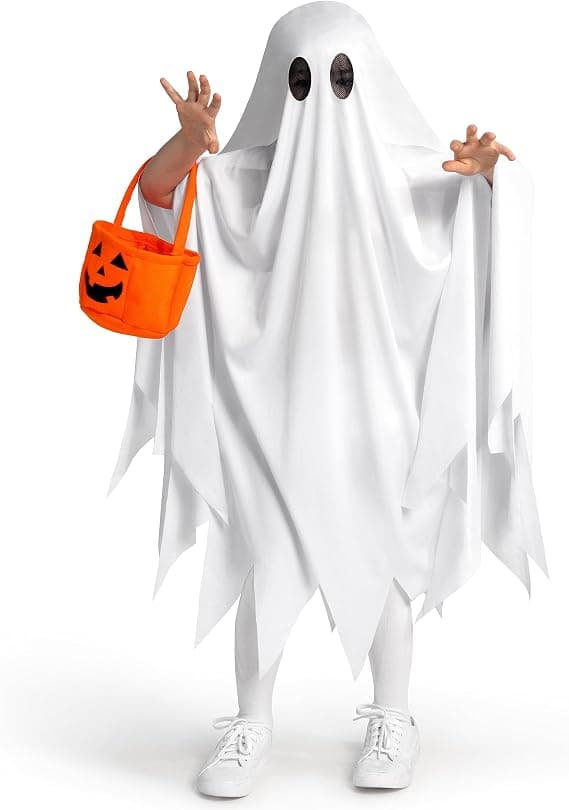 Barnghostdräkt (med pumpakorg) – Spöklik Halloween-outfit för barn (en storlek)