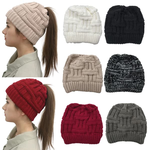 1 st Mössa med öppen topp, stickad mössa för kvinnor, lämplig för hästsvansar, hög elasticitet, varm vintermode utomhus sportmössa gorras Wine-Red
