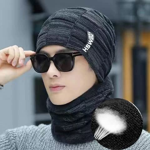 Halsvärmare Stickad Mössa Halsduk Set Päls Ullfoder Tjock Varm Stickad Mössa Balaclava Vintermössa för Män Kvinnor Keps Skullies Bonnet Dark grey