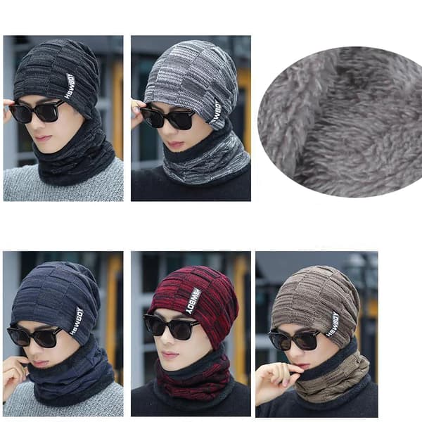 Halsvärmare Stickad Mössa Halsduk Set Päls Ullfoder Tjock Varm Stickad Mössa Balaclava Vintermössa för Män Kvinnor Keps Skullies Bonnet gray