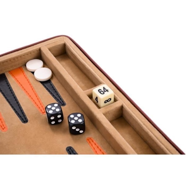 Backgammon resespelpåse 9" Röd konstläder - Dragkedja - Filtad insida: beige/orange/svart - 250501