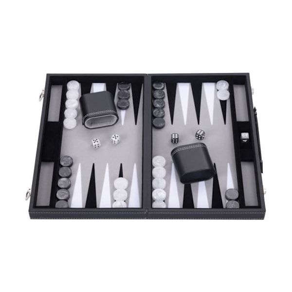 Lyx Backgammon 18" 45,5 cm - Hög kvalitet - Läderimitation, speciell inlagd filt, pärlmarker och tärningar (svart/vit/grå) svart, grått, vitt