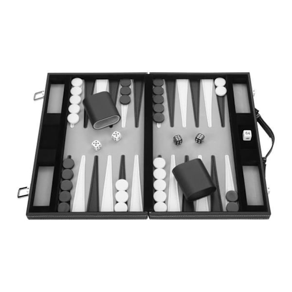 Backgammon 15"; 38 cm, i en resväska, filt och sytt konstläder (svart/vit/grå) Svart, grått, vitt