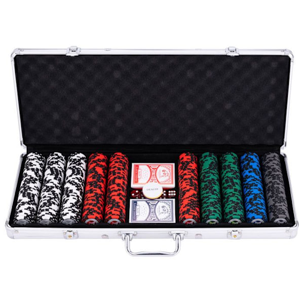 Pokerbox - Silvermetallfodral - 500 14g marker - 2 kortlekar - 5 tärningar - 3 knappar Silver