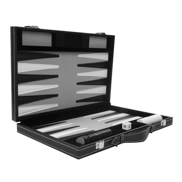Backgammon 15"; 38 cm, i en resväska, filt och sytt konstläder (svart/vit/grå) Svart, grått, vitt