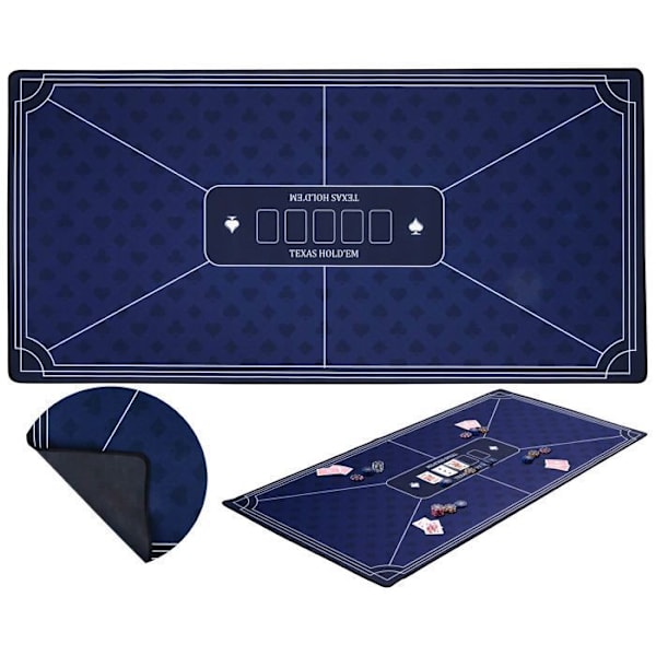 Blå pokermatta - Halkfri spelyta 120 cm x 60 cm - Tjocklek: 3 mm - Tryckt - polyester och gummi blå