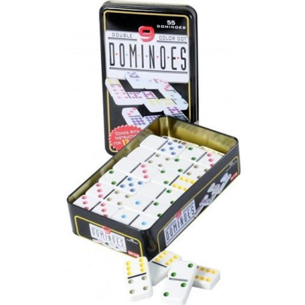 Double 9 Colorful Dominoes Game - ENGELHART - Metal Box - 55 Domino - Regler ingår Färgad