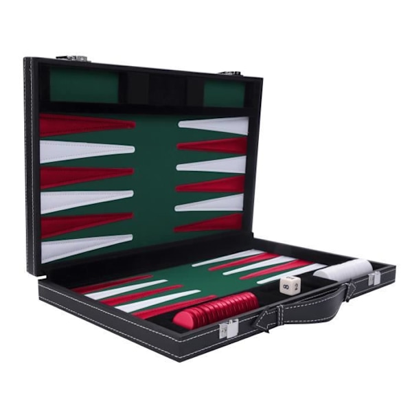 Lyx backgammon 38 cm, filt och konstläder sydd grön/röd/vit Vit, Röd, Grön