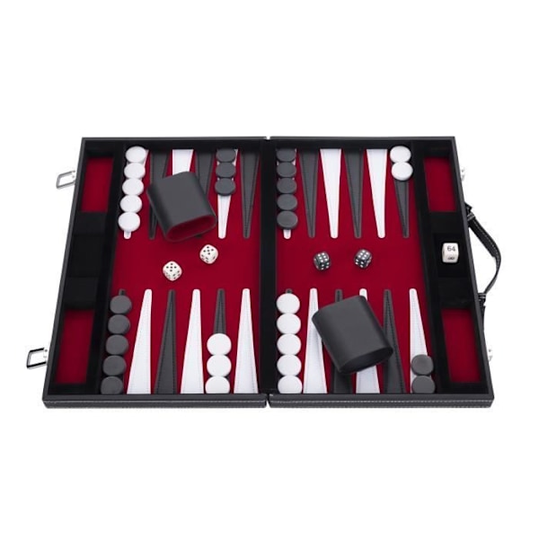 Backgammon 38 cm, i en resväska, filt och konstläder sydd röd/svart/vit Röd, svart, vit