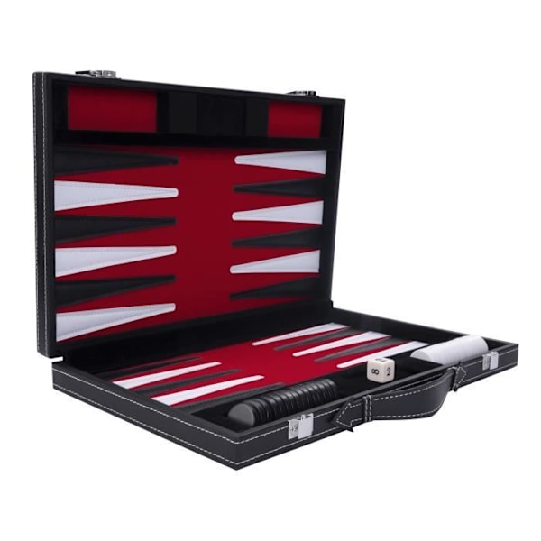 Backgammon 38 cm, i en resväska, filt och konstläder sydd röd/svart/vit Röd, svart, vit
