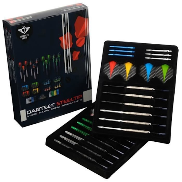 Set med 12 dartpilar spets i stål i mässingsutseende tungsten- 4 spelare- 23 gr - ENGELHART - Presentförpackning med tillbehör Svart silver