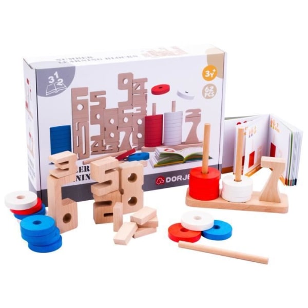 Dorjee - D3.403 - Siffror i träblock 62 bitar - Montessori pedagogiskt staplingsspel - träspel från 3 år