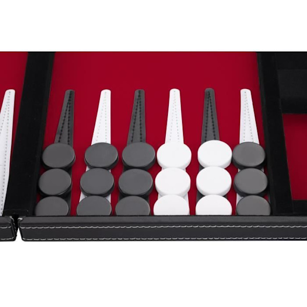 Backgammon 38 cm, i en resväska, filt och konstläder sydd röd/svart/vit Röd, svart, vit