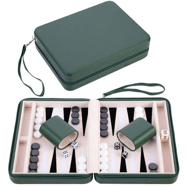 Backgammon resespelpåse 9" Röd konstläder - Dragkedja - Filtad insida: kräm/svart/vit - 250503 grön