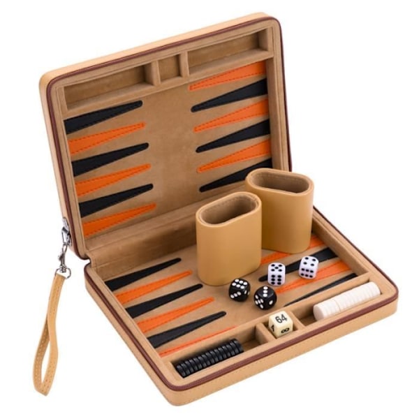 Backgammon resespelpåse 9" Röd konstläder - Dragkedja - Filtad insida: beige/orange/svart - 250501