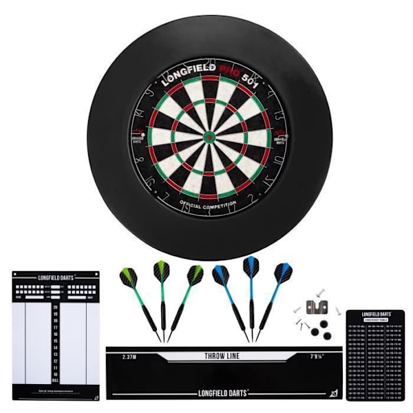 Dartspel - ENGELHART - Longfield PRO 501 - Sisalmål - 6 pilar - Skyddsring Svart