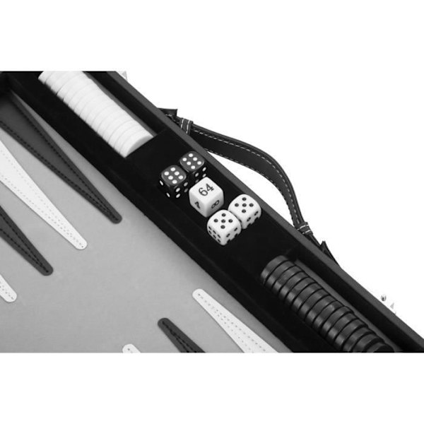 Backgammon 15"; 38 cm, i en resväska, filt och sytt konstläder (svart/vit/grå) Svart, grått, vitt