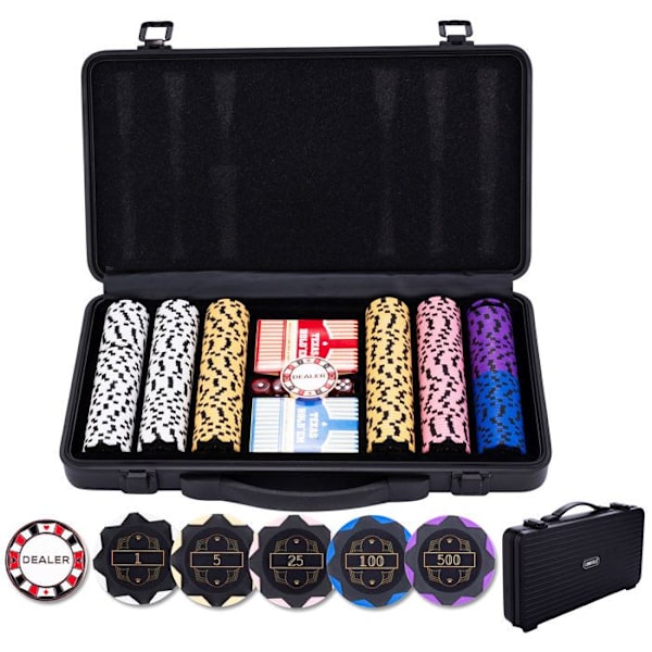 Poker set - Metallväska - 300 numrerade 14g jetonger - Inkluderade tillbehör - Praktisk - Elegant Svart