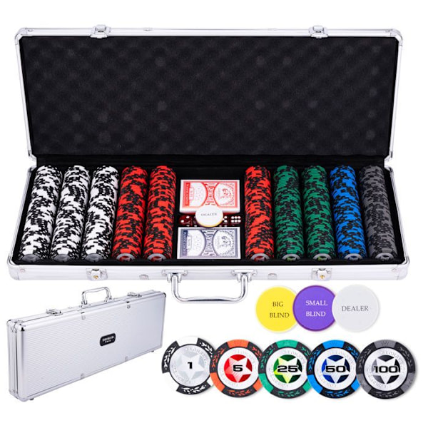 Pokerbox - Silvermetallfodral - 500 14g marker - 2 kortlekar - 5 tärningar - 3 knappar Silver