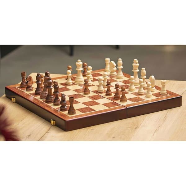 Lyxig massivträ schackbox - ENGELHART - Vikbar - snidade bitar - 45,5 CM Lackat massivt trä