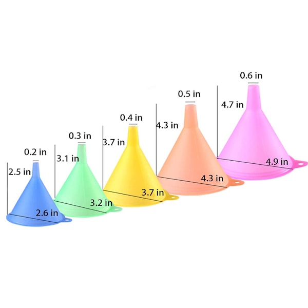 5-pack trattar med olika storlekar i plast, tratt med bred öppning, regnbågsfärgad trattset för kök, lämplig för en mängd olika flaskor och burkar