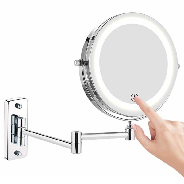 Feelglad väggmonterad sminkspegel, 10X förstorande dubbelsidig LED-upplyst spegel, 360° vridbar utdragbar sminkspegel, driven av batteri