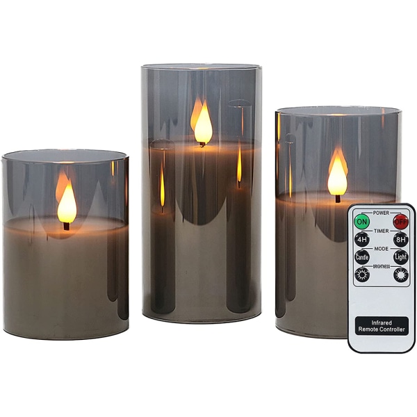 Grau flammenlose Kerzen im Glas, 3 Glasswindlighter with Fernbedienung and Timerfunktion, warmweiße Licht mit Batterienenthalten