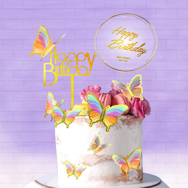 Fjärilsdekoration för tårta, Happy Birthday Metallic Gold fjärilsdekoration för tårta, Happy Birthday tårta dekoration