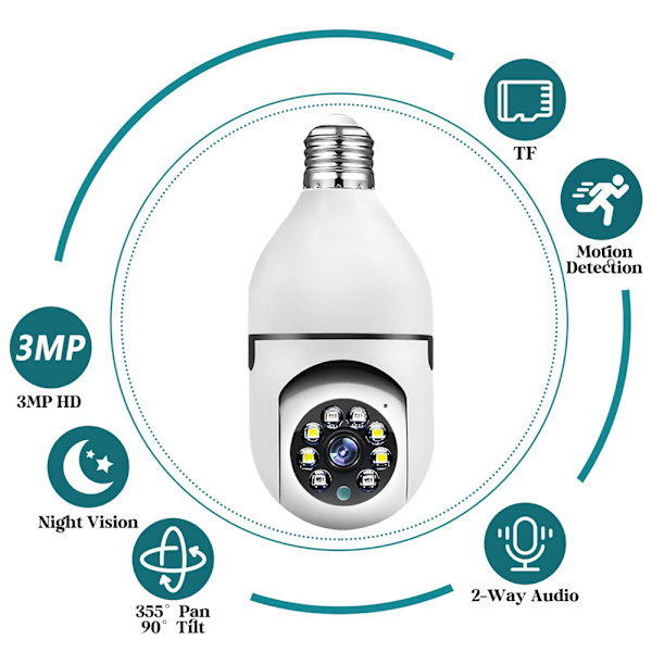 3MP glödlampa säkerhetskamera, WiFi trådlös hemkamera, 360° graders pan/tilt vy nattvision, inomhus/utomhus (SD-kort ingår ej)