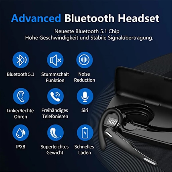 Headset med mikrofon Bluetooth, 2,4 GHz trådlösa hörlurar med laddningsbox LED-display