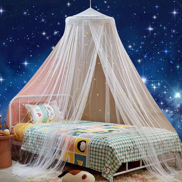 Auvent de lit en maille avec étoiles fluorescentes pour filles et enfants qui brillent dans le noir - Tente de lit suspendue - Enkel installation -