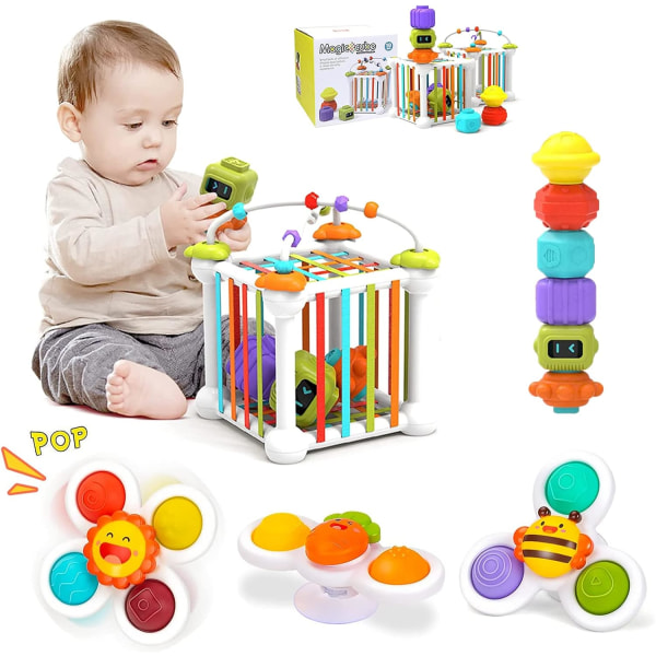 Jouet Montessori pour Bébés (12 st), Jeux Montessori Cubes de Motricité STEM Jouets Éducatifs de Tri des Formes med 3 Toupies à Ventouse et 6