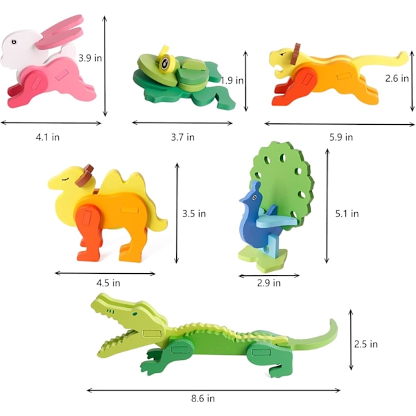 6-pack 3D djurpussel för barn 3 4 5 6 år gamla träpussel för småbarn, tidig inlärning förskolepedagogiska leksaker present till pojkar och flickor.