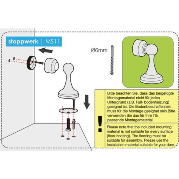 Magnetisk dörrstopp MS011 i rostfritt stål utseende Dörrstopp med fästmaterial för golv och vägg, 4,9 x 5,8 x 8,3 cm