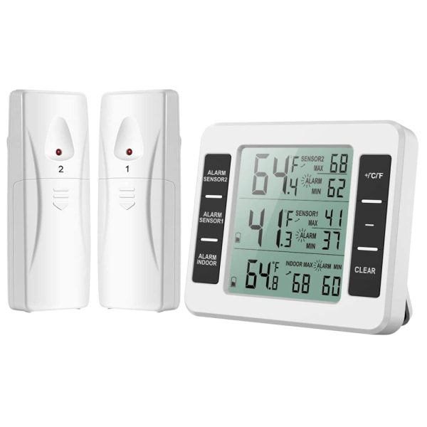 Kyltermometer, frys termometer, digital kyltermometer med 2 sensorer, termometer för frys med temperatur larm