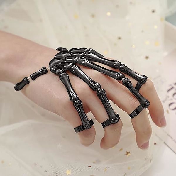 Skelet Punk Håndknogle Armbånd med Ring Kranie Fingre Armbånd Spøgelseshånd Kæde til Mænd og Kvinder Halloween Cosplay Kostumefest Rekvisit Dekoration