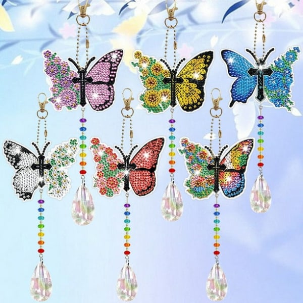 6pcs Diamond Painting Wind Chime 5d Butterfly Pattern Double Sided Diamond Painting Hanging Ornaments Perfect For Beginners