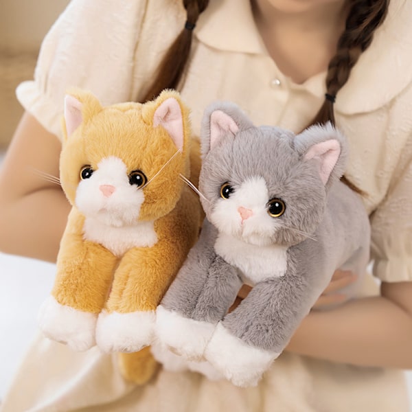Mjuk Plysch Kattdocka Vit och Grå Kitty Design Fylld Leksak för Flickor