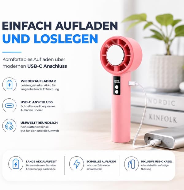 Bærbar ventilator med integreret kølefunktion (pink)