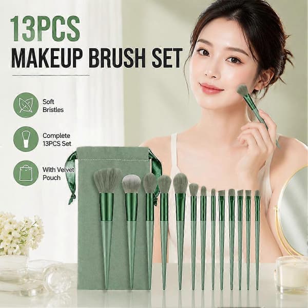 13 stk. Makeupbørstesæt Foundation Kosmetiske Børster til Makeup R3B2 Green with cloth bag 1set