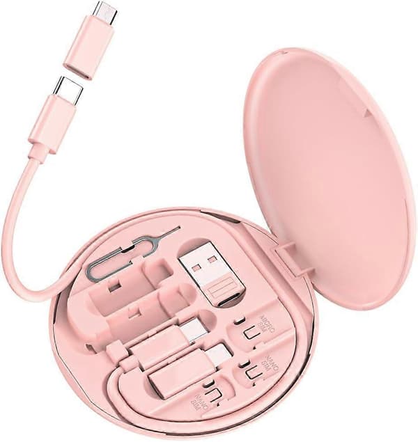 Multi USB-laddningsadapterkabelkit, reseladdaradapterkit, typ C till Micro, USB-C till IOS-adapter, dataöverföring, kortförvaring, telefonhållare Pink