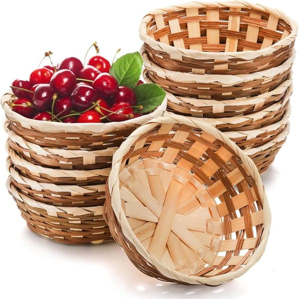 12-pack Runda Presentkorgar, Små Bröd- & Fruktkorgar i Bambu, 17 cm Vävda Brödkorgar, Serveringskorgar för Mat