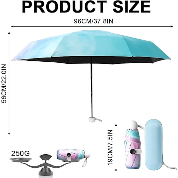 Kompakt paraply vindtett sterk, sammenleggbar reiseparaply, 6 ribber miniparaply med kapselveske, UV-beskyttelsesparaply med ergonomisk håndtak