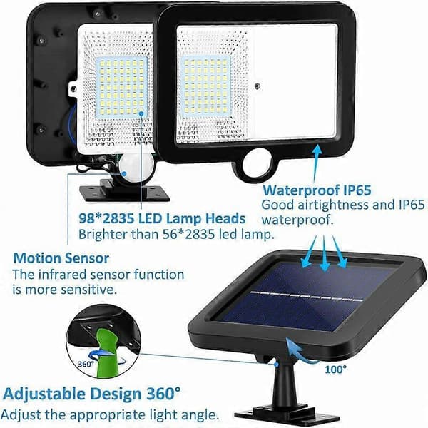 Utendørs solcellelamper med bevegelsessensor, 98 LED-spotlights, 5M kabel, 1 stk