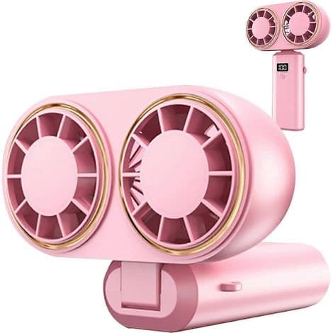Bærbar USB genopladelig ventilator, dobbelt ventilator, digitalt display, genopladeligt batteri, pink