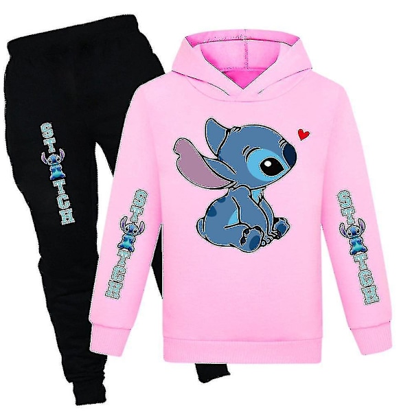 Lilo & Stitch Tryckt Barn Overall Set Casual Huvtröja Byxor Aktivkläder Pink 9-10 Years