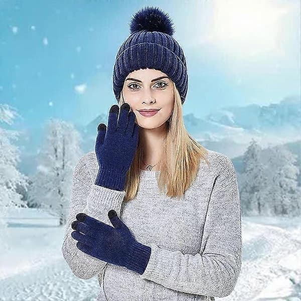Vintermössa för damer - Toffsmössa dam vinter, handskar - Varm stickad mössa - Vintermössa: Stickad mössa fleecefoder beanie toffsmössa fuskpäls pompom