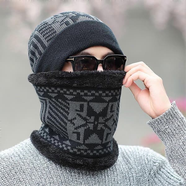 Skjerf- og hattsett for menn, vintervarme, 3 stk. svart strikket hodeplagg Black M