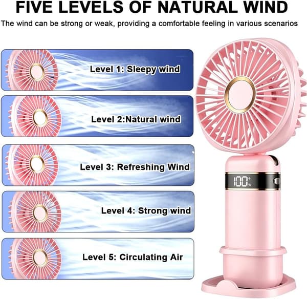 Bærbar ventilator, mini USB genopladelig ventilator med dobbelt anvendelse (hånd/bord) (Pink)