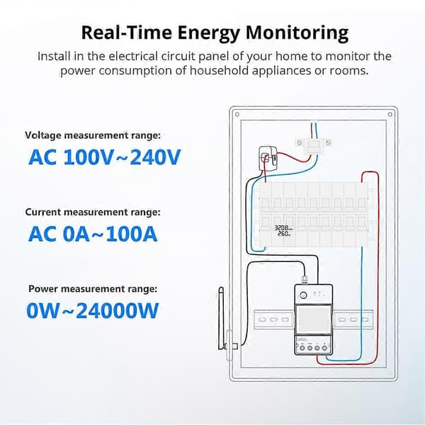 POWCT Ring Smart Power Meter ESP32 Chip Strømtransformer 100A Energimonitor Kontaktstyring Fungerer med Alexa IFTTT White